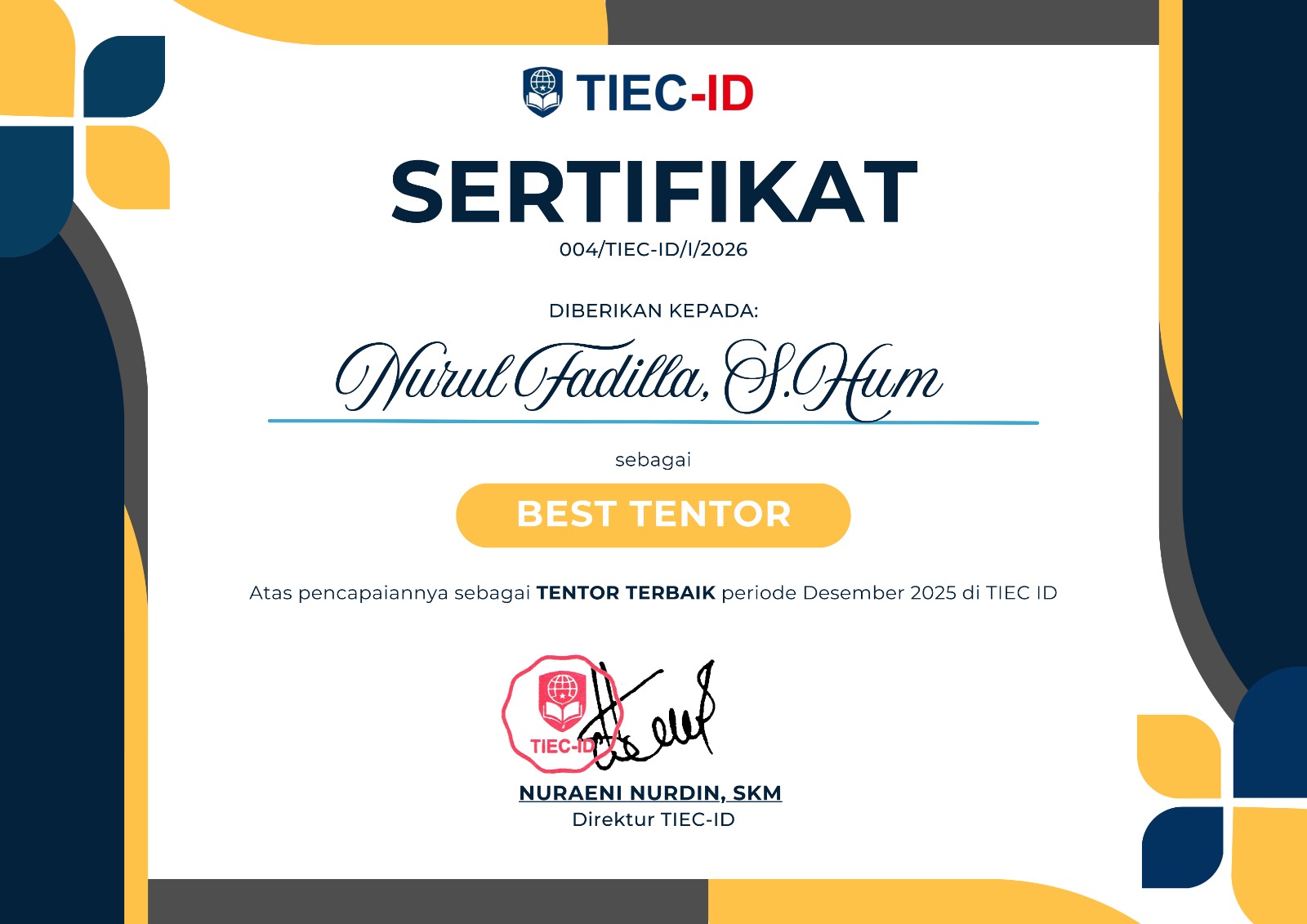 TIEC-ID Umumkan Best Tentor of The Month Desember 2025 Berdasarkan Evaluasi Siswa
